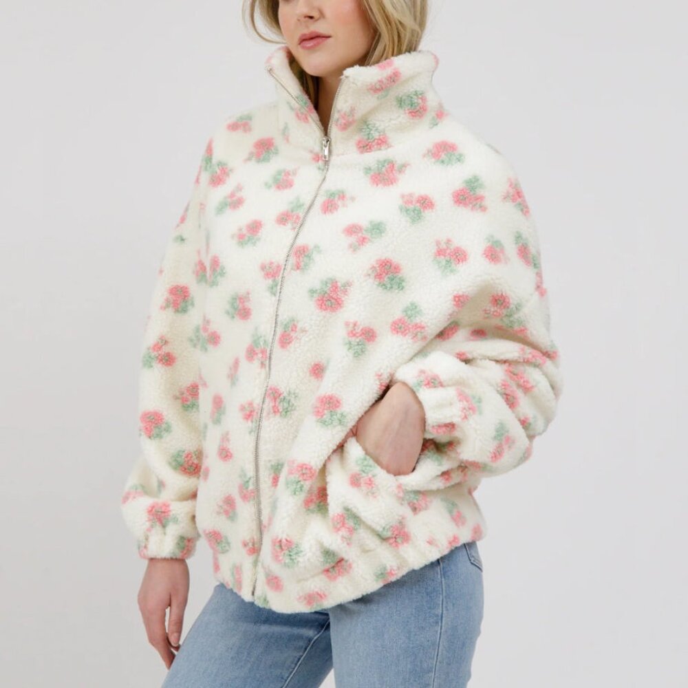 NEW Brunette the Label Full Zip Sherpa Jacket | White with Pink - Picture 1 of 4